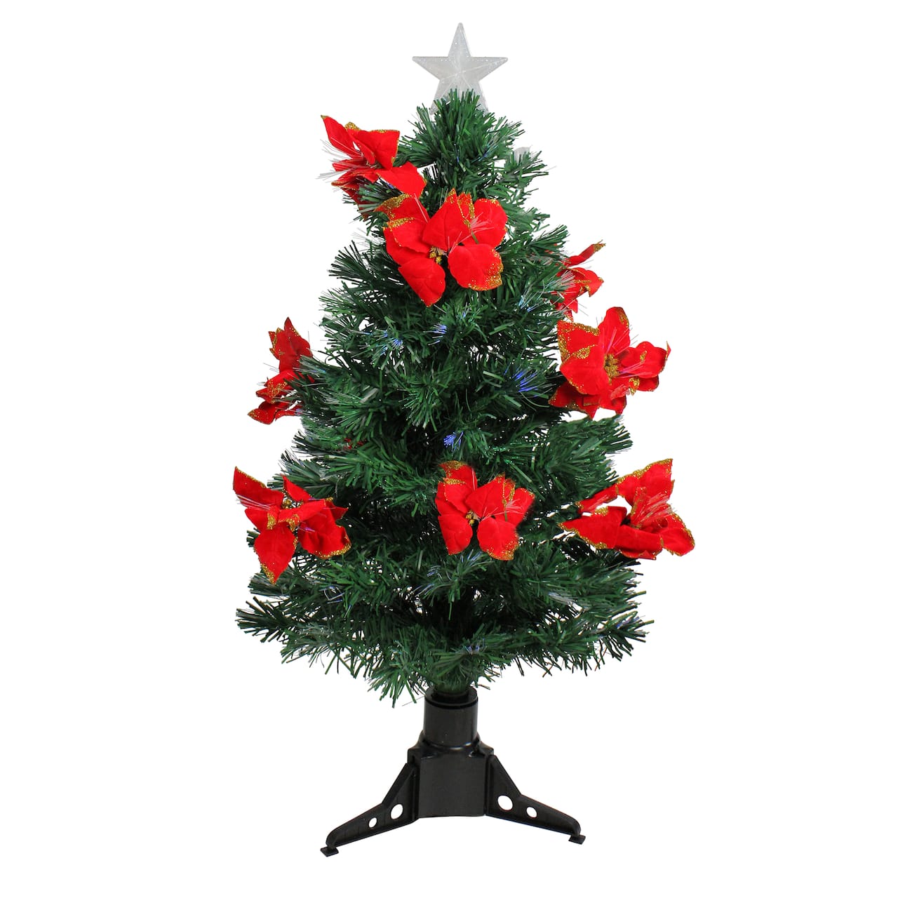 3ft. Fiber Optic Color Changing Artificial Christmas Tree with Red Poinsettias & Star